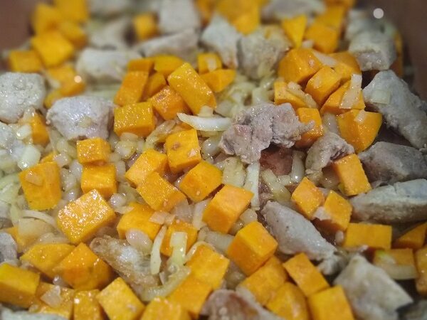 add in the onions and sweet potatoes