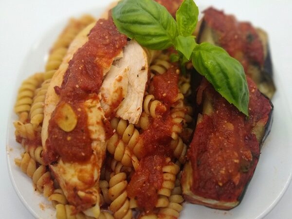chicken and rotini with eggplant plated