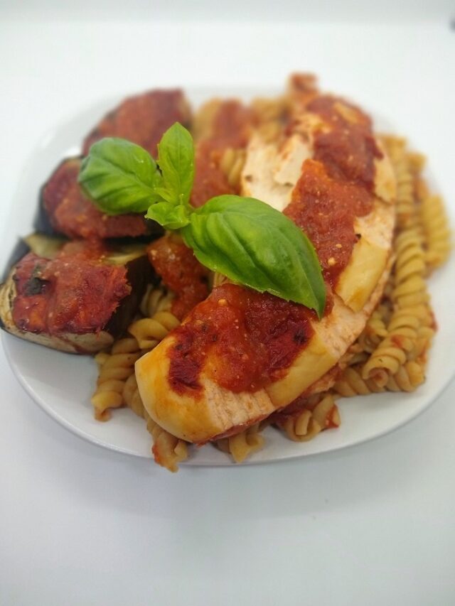 Chicken and Eggplant over Pasta