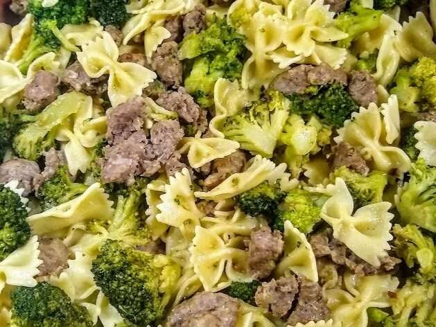 sausage, broccoli, and pasta in pan