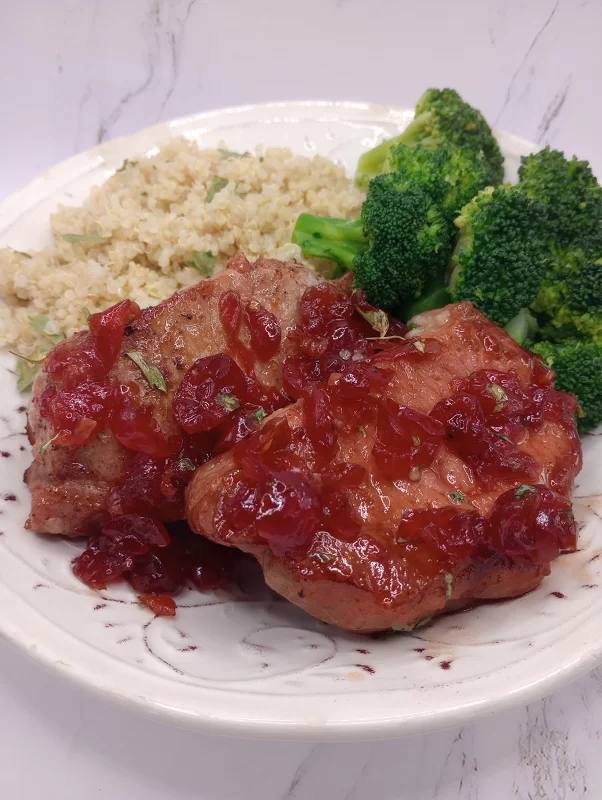 Cherry glazed pork chops with quinoa and broccoli