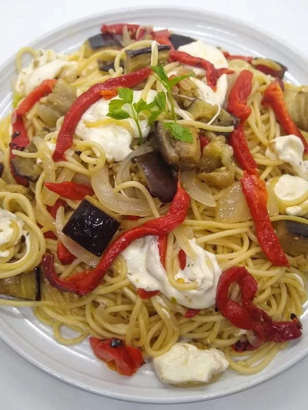 Eggplant with Roasted Red Peppers and Mozzarella