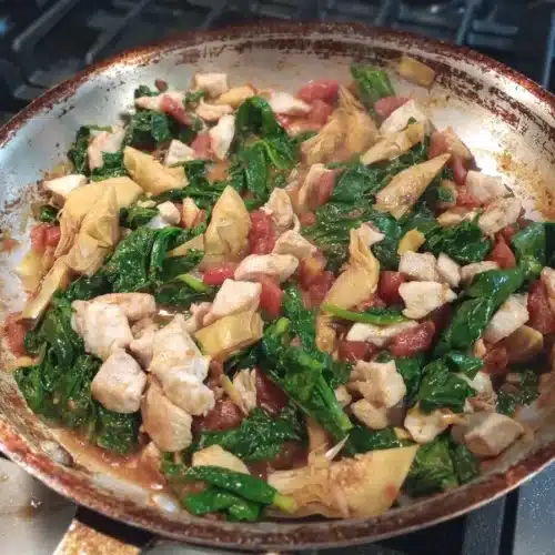 Italian-Style Spinach Artichoke Chicken Skillet 2 Italian-Style Spinach Artichoke Chicken Skillet In Pan