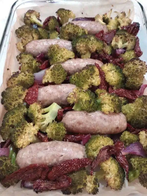 One-Pan Italian Sausage_Sausage and broccoli recipe in the oven finished