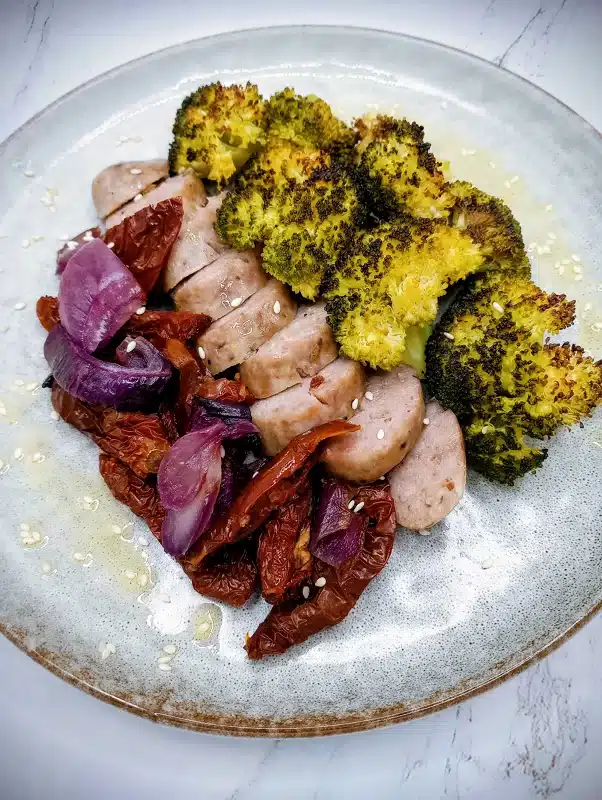 One-Pan Italian Sausage_Sausage and broccoli recipe in the oven plate2