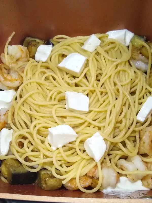 Shrimp with Eggplant and Fresh Mozzarella: Add Pasta