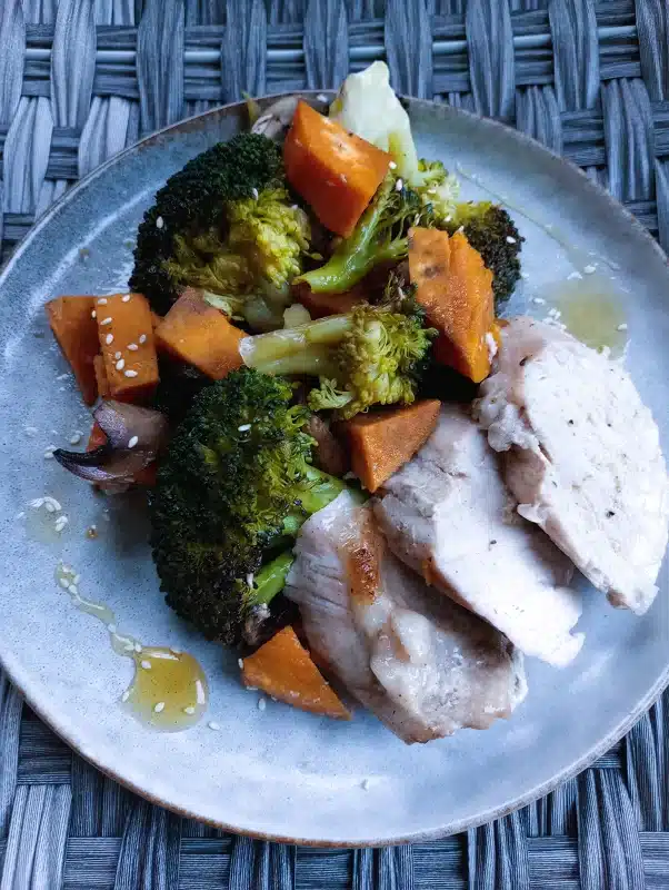 sliced pork loin plated with a side of baked broccoli, sweet potatoes, and mushrooms